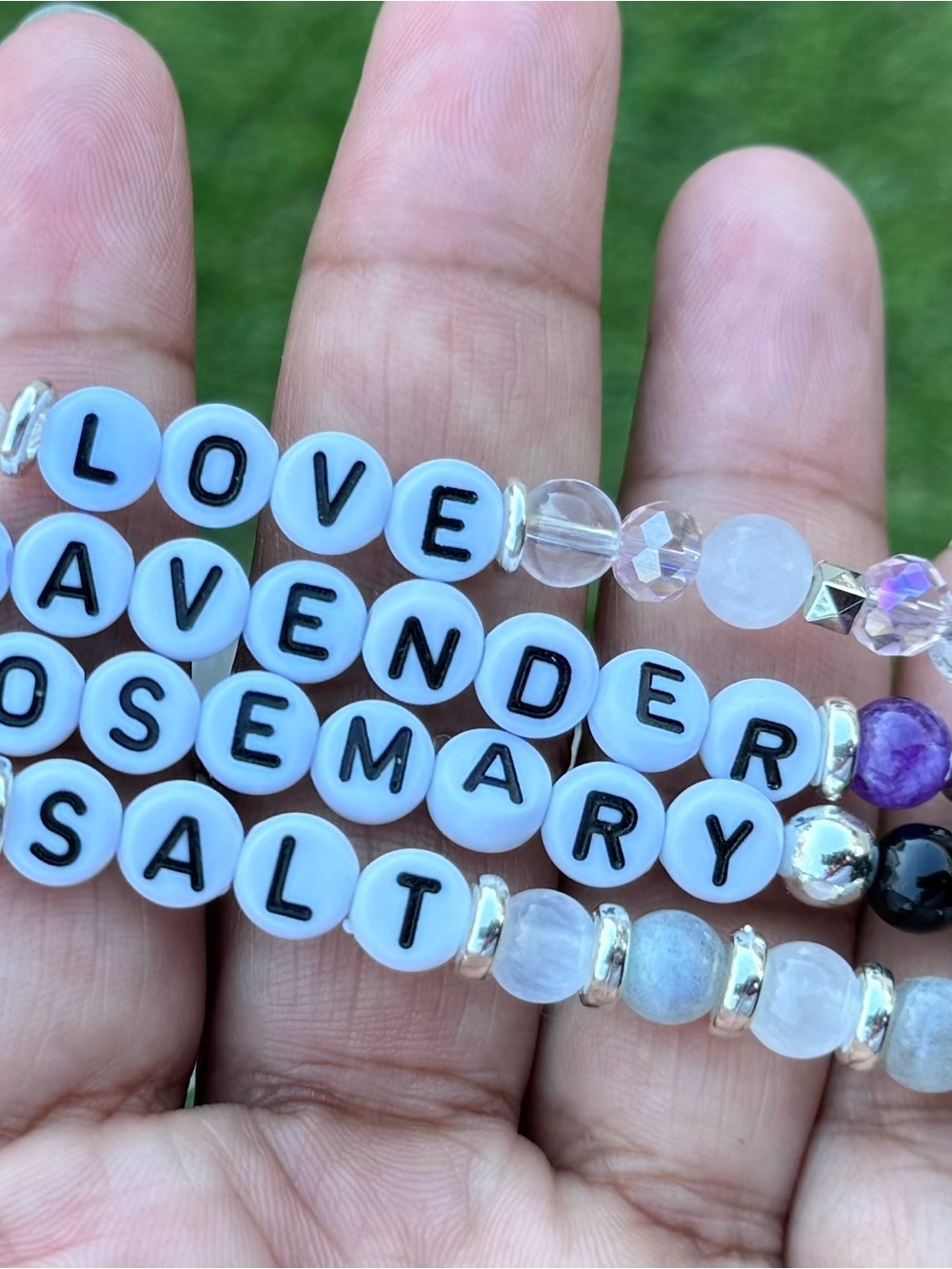 Handmade 'LOVE' Lavender Rosemary Salt Beaded Bracelet - White Letter Beads